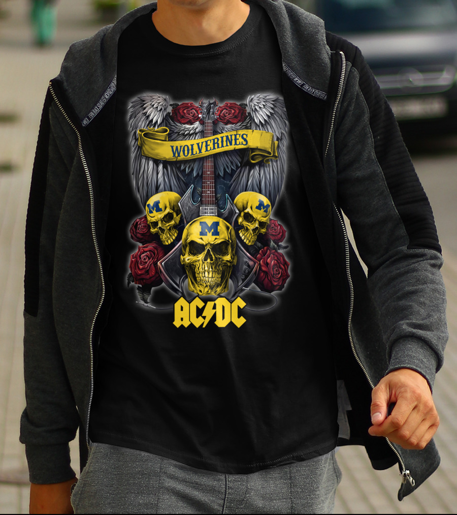 Wolverines Michigan 48 ACDC Skulls And Guitar Wings Roses T-Shirt
