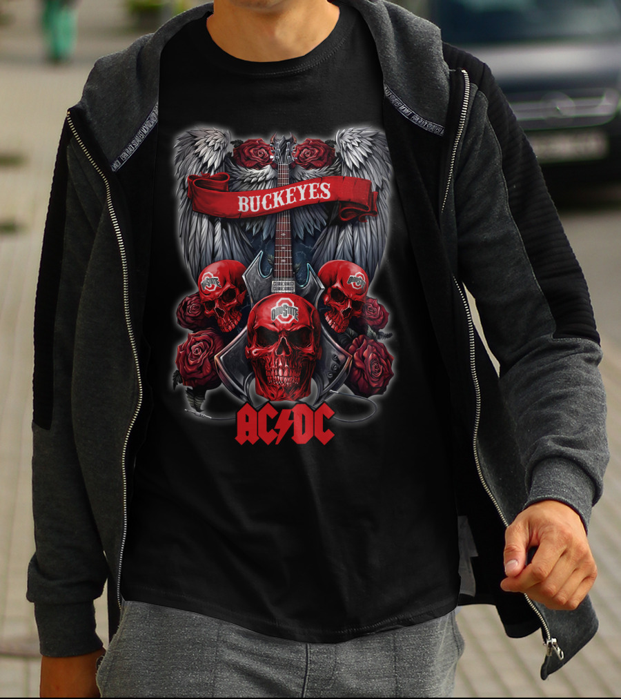 Ohio State Buckeyes ACDC Skull Wings Roses Guitar T-Shirt