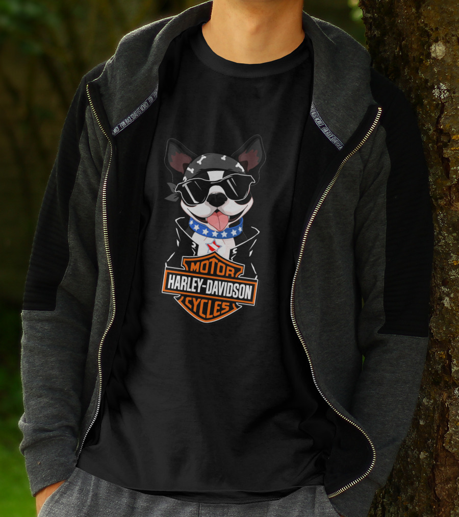 Harley Davidson Boston Terrier Motorcycle American Flag Scarf T-Shirt