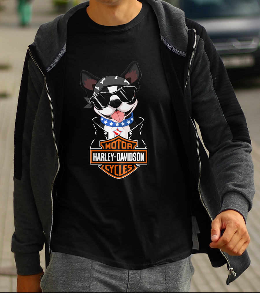 Harley Davidson Boston Terrier Motorcycle American Flag Scarf T-Shirt