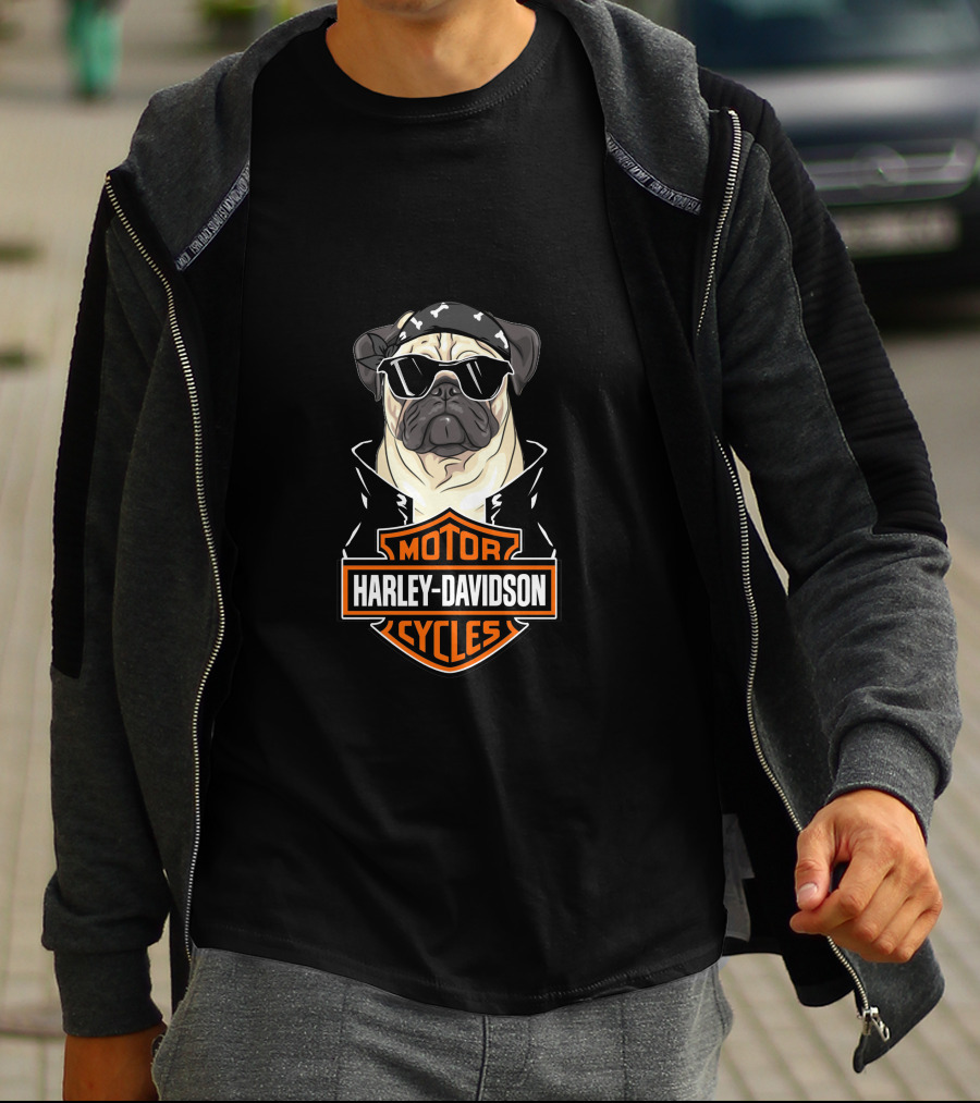 Pug In Harley Davidson Motorcycles Logo With Bandana And Sunglasses T-Shirt