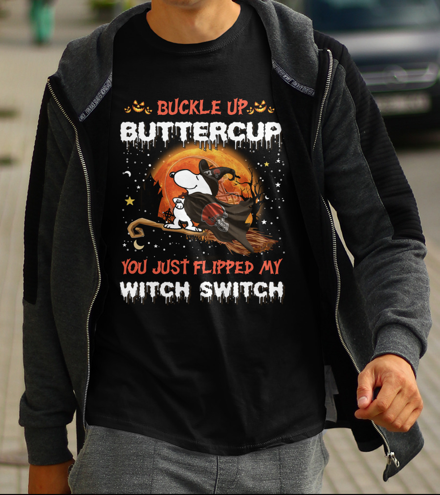 Cleveland Browns Snoopy Buckle Up Buttercup You Just Flipped My Witch Switch Halloween 508 T6MTH T-Shirt