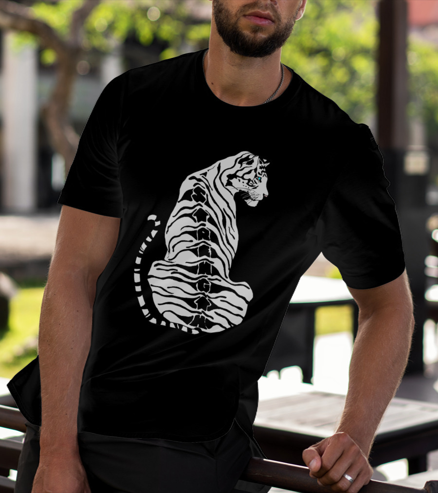 Stylized Tiger Art With Strength Text In Black And White Stripes T-Shirt