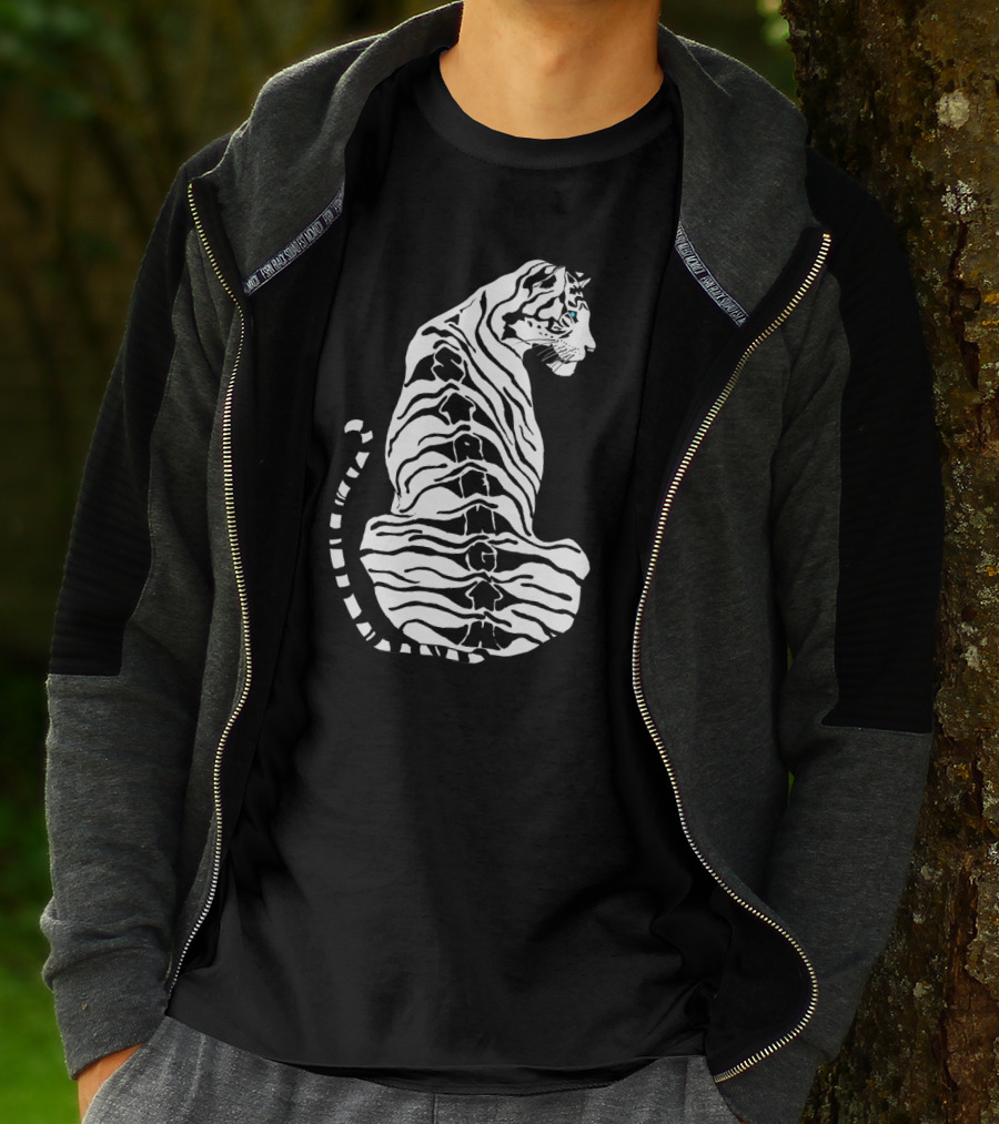 Stylized Tiger Art With Strength Text In Black And White Stripes T-Shirt