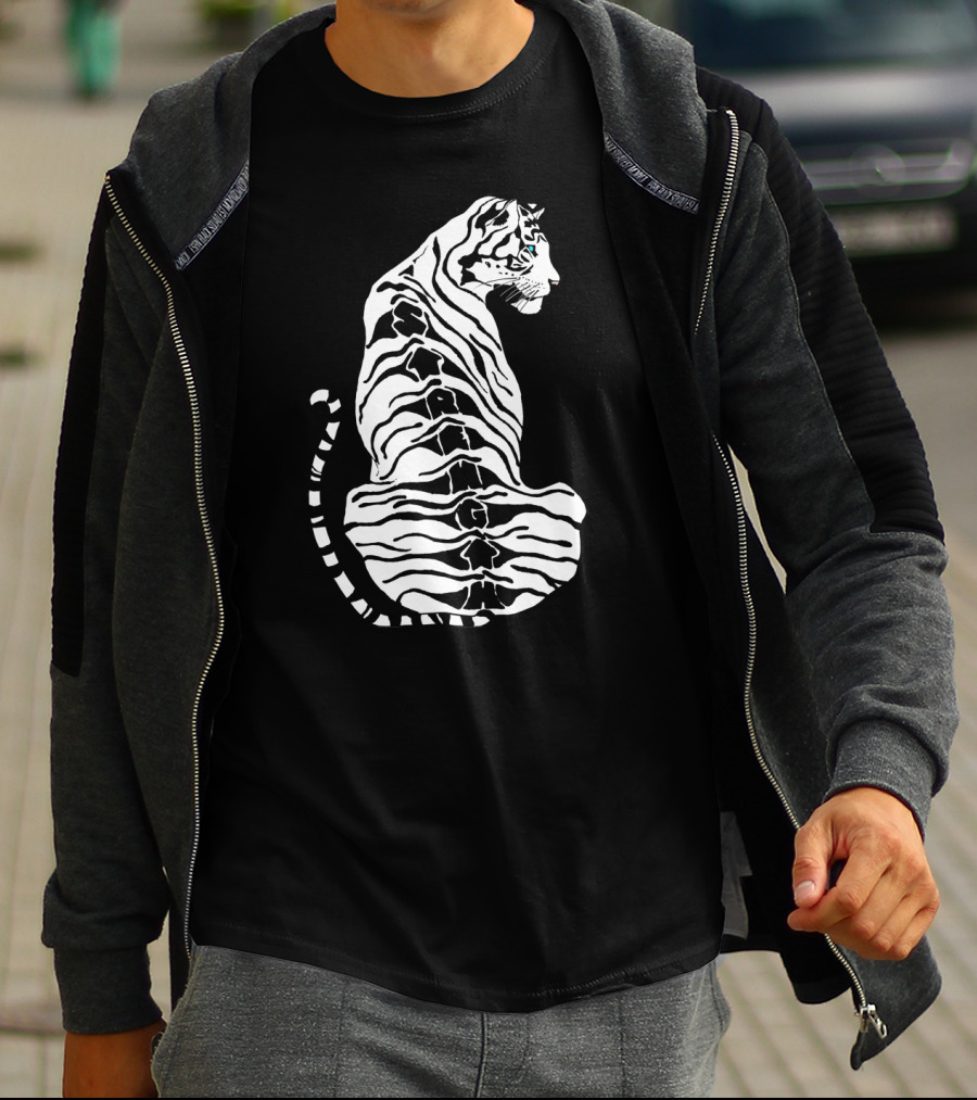 Stylized Tiger Art With Strength Text In Black And White Stripes T-Shirt