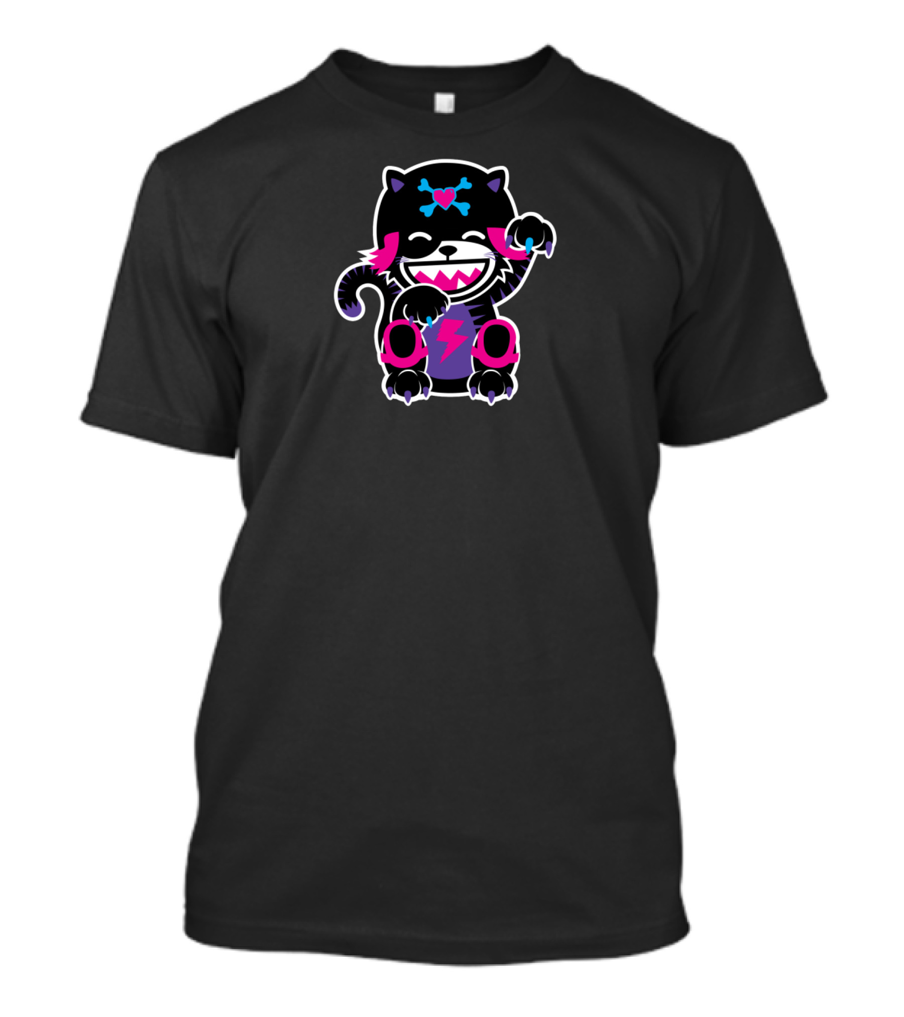 Happy Cartoon Cat With Lightning Bolt Heart And Skull Crossbones T-Shirt