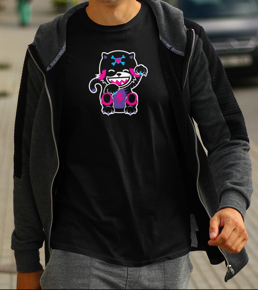 Happy Cartoon Cat With Lightning Bolt Heart And Skull Crossbones T-Shirt