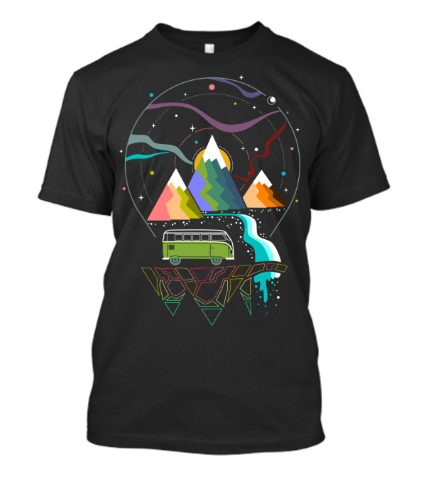 Hit The Road Surreal Adventure With Camper Van And Geometric Mountains T-Shirt