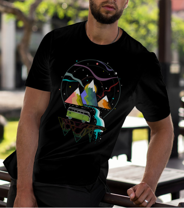 Hit The Road Surreal Adventure With Camper Van And Geometric Mountains T-Shirt