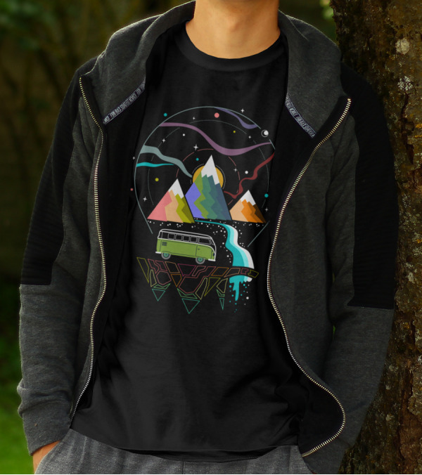 Hit The Road Surreal Adventure With Camper Van And Geometric Mountains T-Shirt