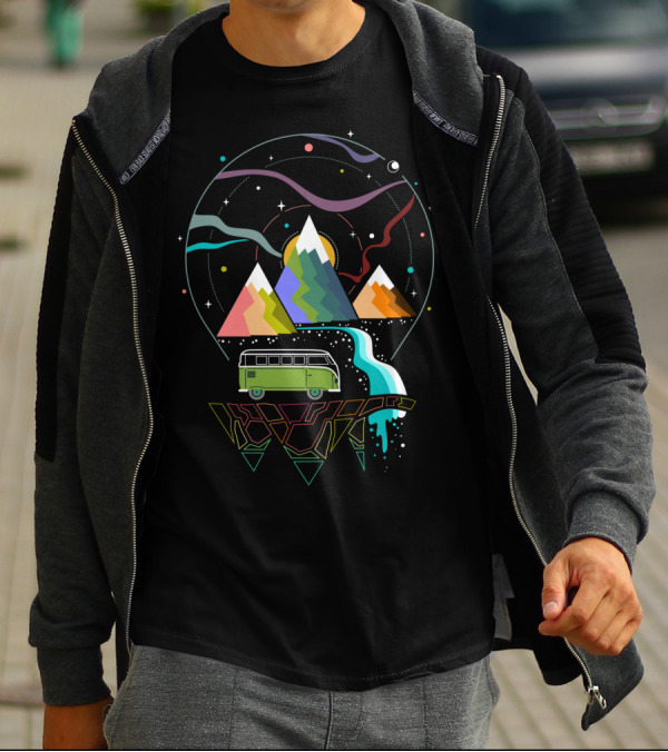 Hit The Road Surreal Adventure With Camper Van And Geometric Mountains T-Shirt