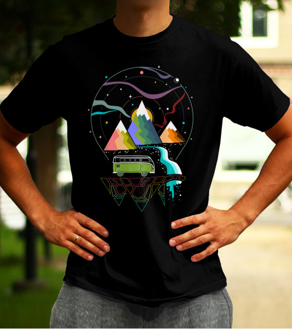 Hit The Road Surreal Adventure With Camper Van And Geometric Mountains T-Shirt