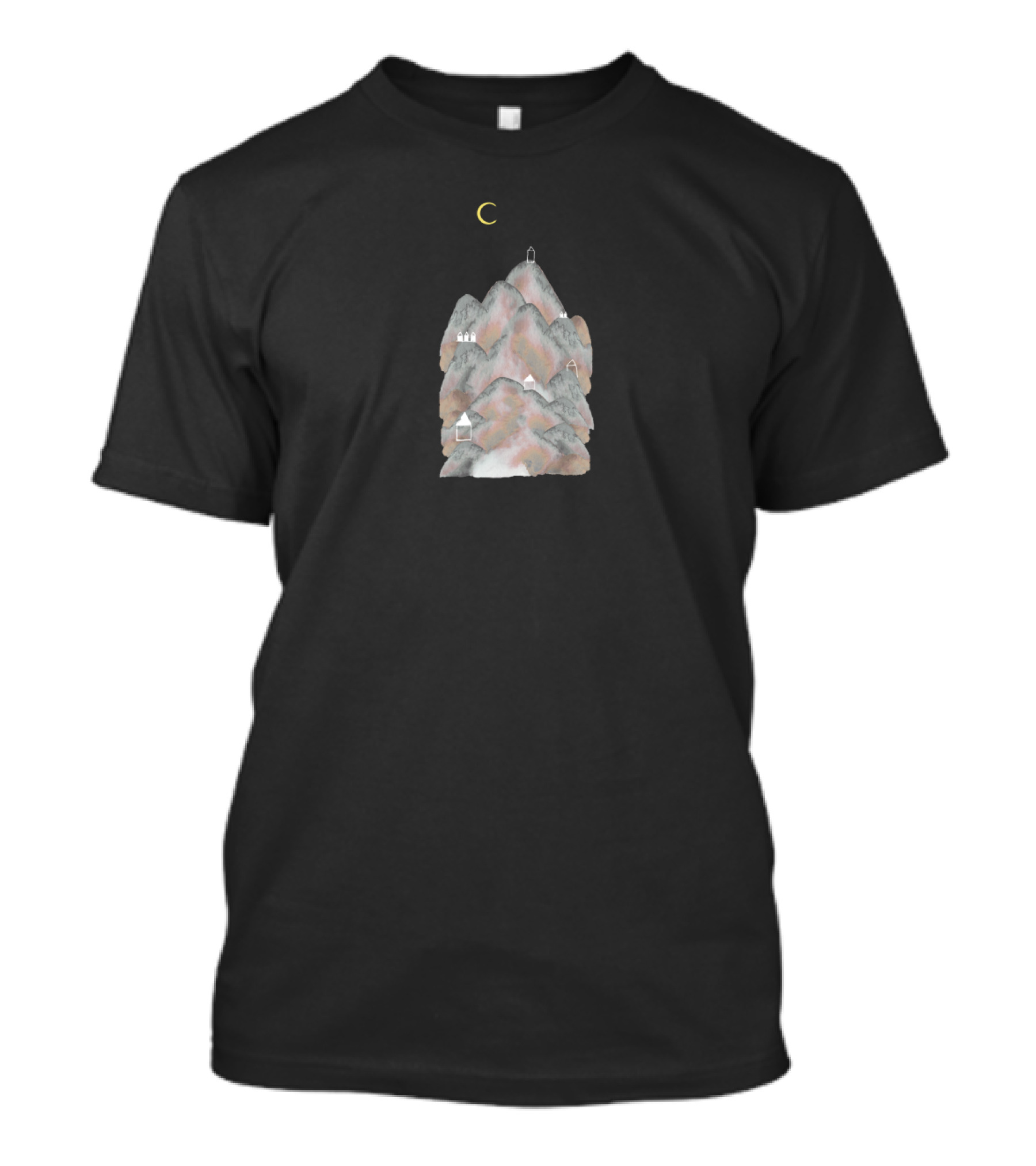Illuminated Moon Crescent Above Serene Mountainous Landscape With Hidden Structures T-Shirt