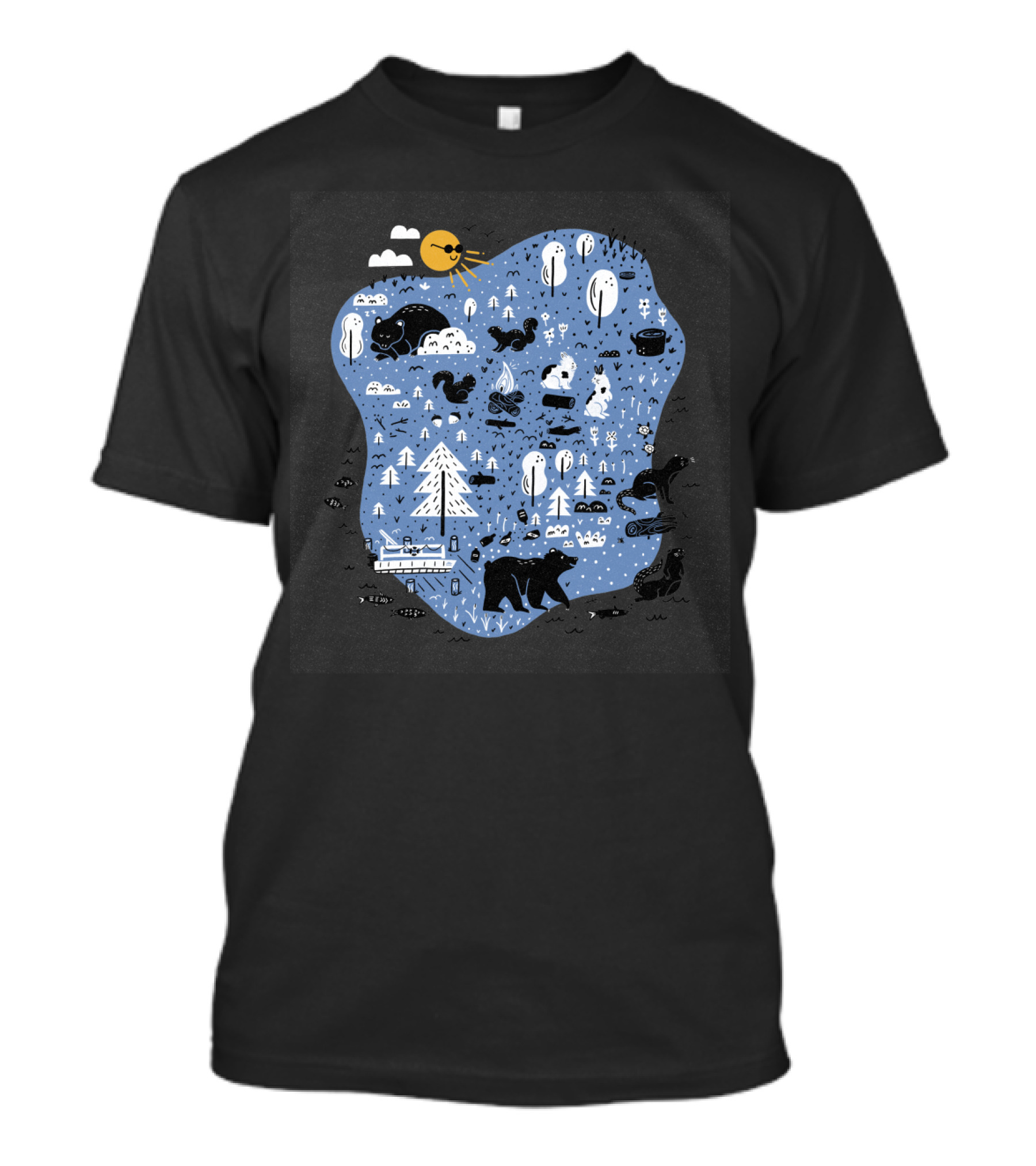 Mountain Island Lake Wildlife Bears Squirrels And Nature Scene With Trees And Camping Elements T-Shirt
