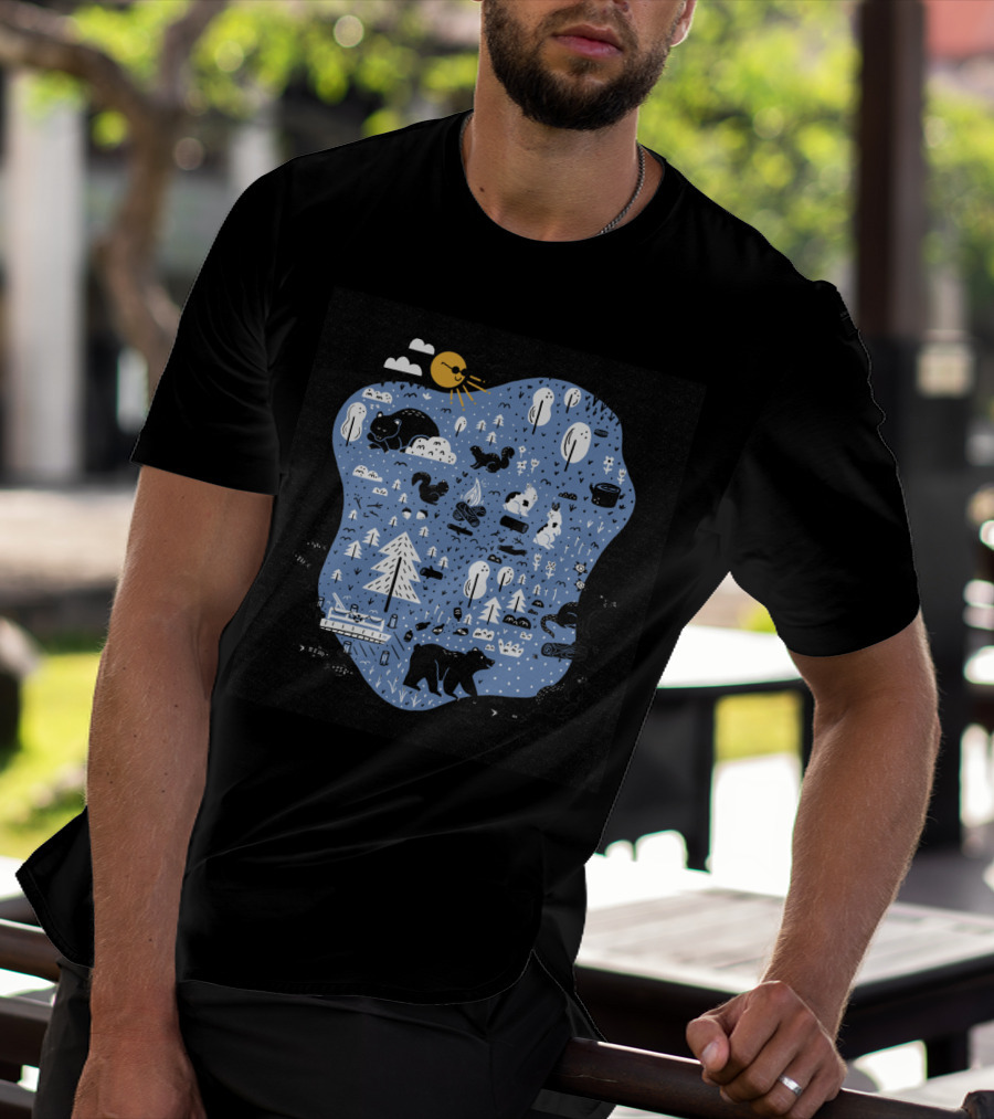 Mountain Island Lake Wildlife Bears Squirrels And Nature Scene With Trees And Camping Elements T-Shirt