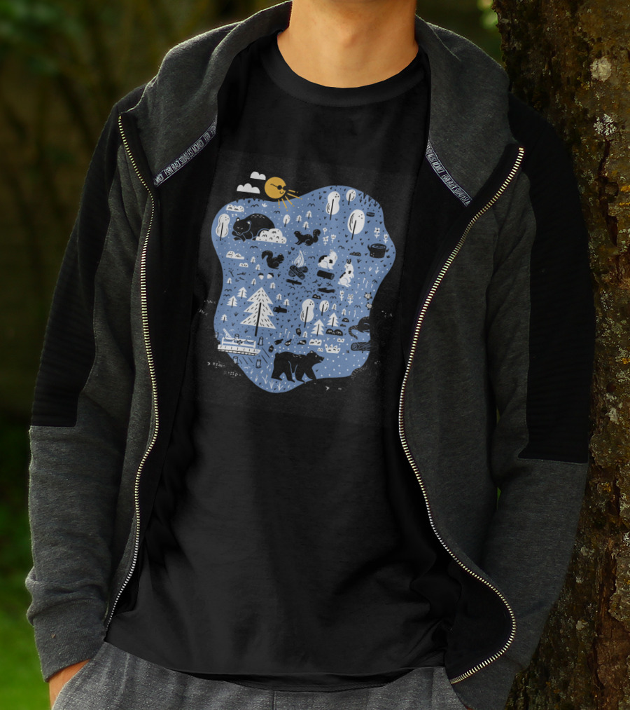 Mountain Island Lake Wildlife Bears Squirrels And Nature Scene With Trees And Camping Elements T-Shirt