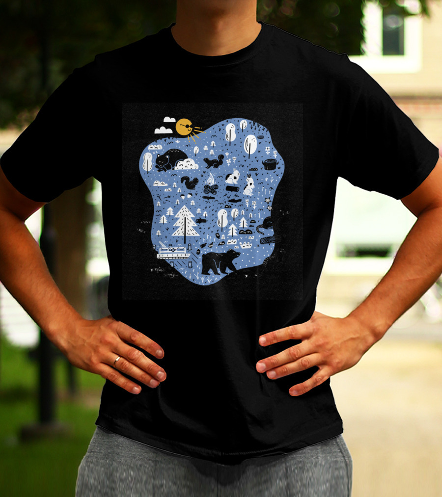 Mountain Island Lake Wildlife Bears Squirrels And Nature Scene With Trees And Camping Elements T-Shirt