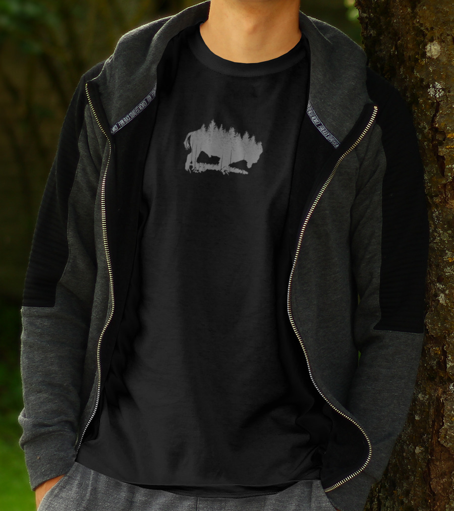 Bison Silhouette Overlaid With Forest Trees And Wildlife Reflections T-Shirt