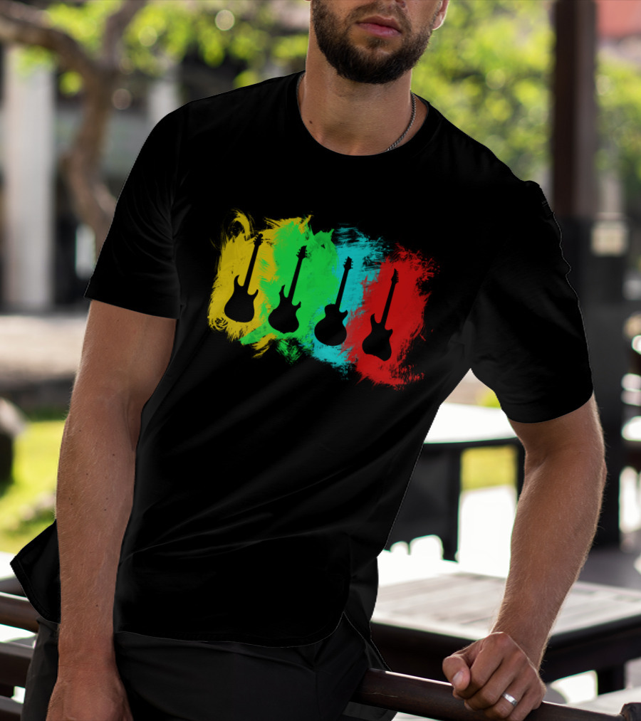 Colored Guitars Electric Acoustic Silhouette Yellow Green Blue Red T-Shirt