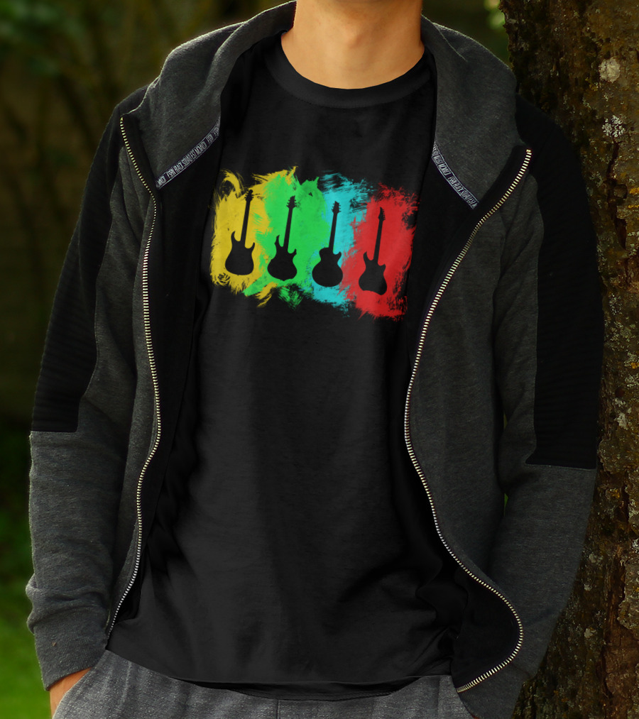 Colored Guitars Electric Acoustic Silhouette Yellow Green Blue Red T-Shirt