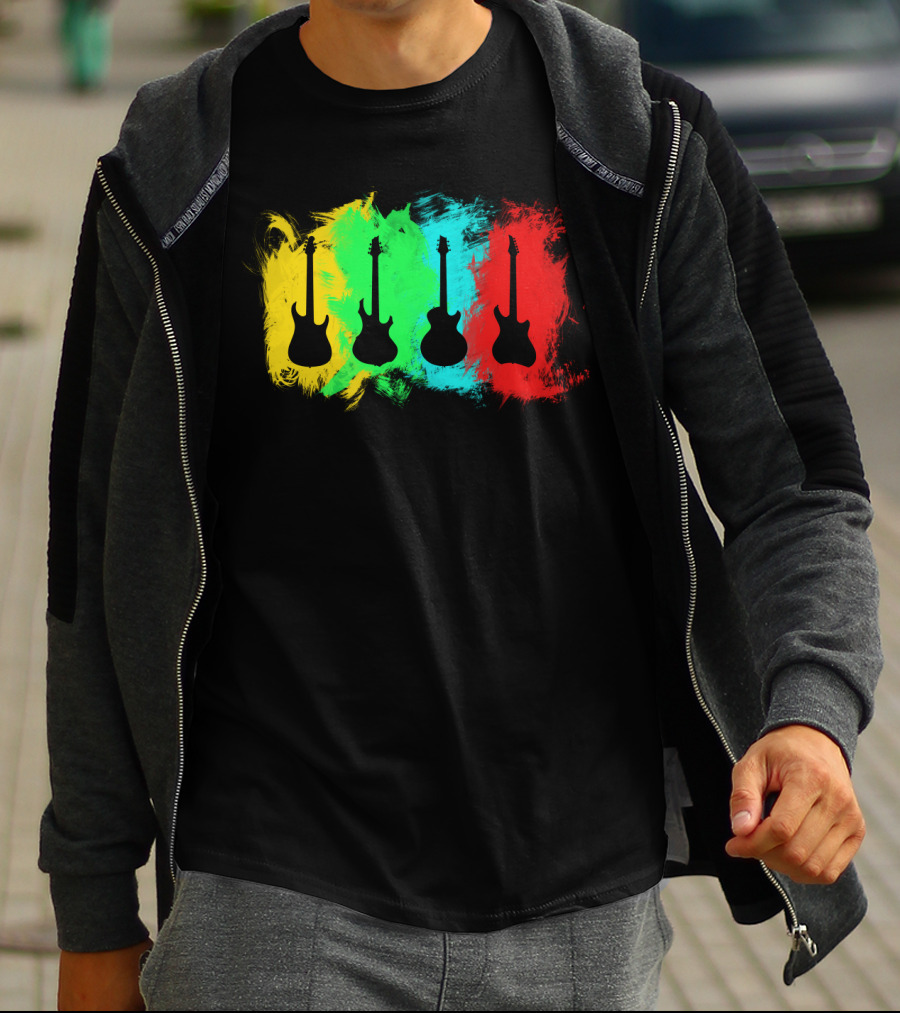 Colored Guitars Electric Acoustic Silhouette Yellow Green Blue Red T-Shirt