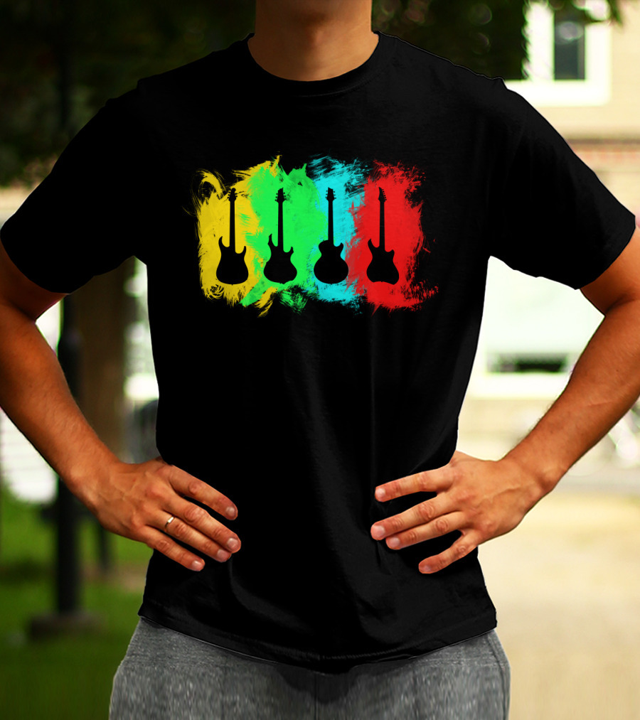 Colored Guitars Electric Acoustic Silhouette Yellow Green Blue Red T-Shirt