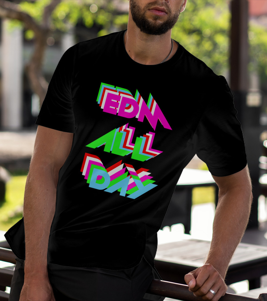 EDM All Day Cool Neon Anaglyph Style Rave Black Ink T-Shirt