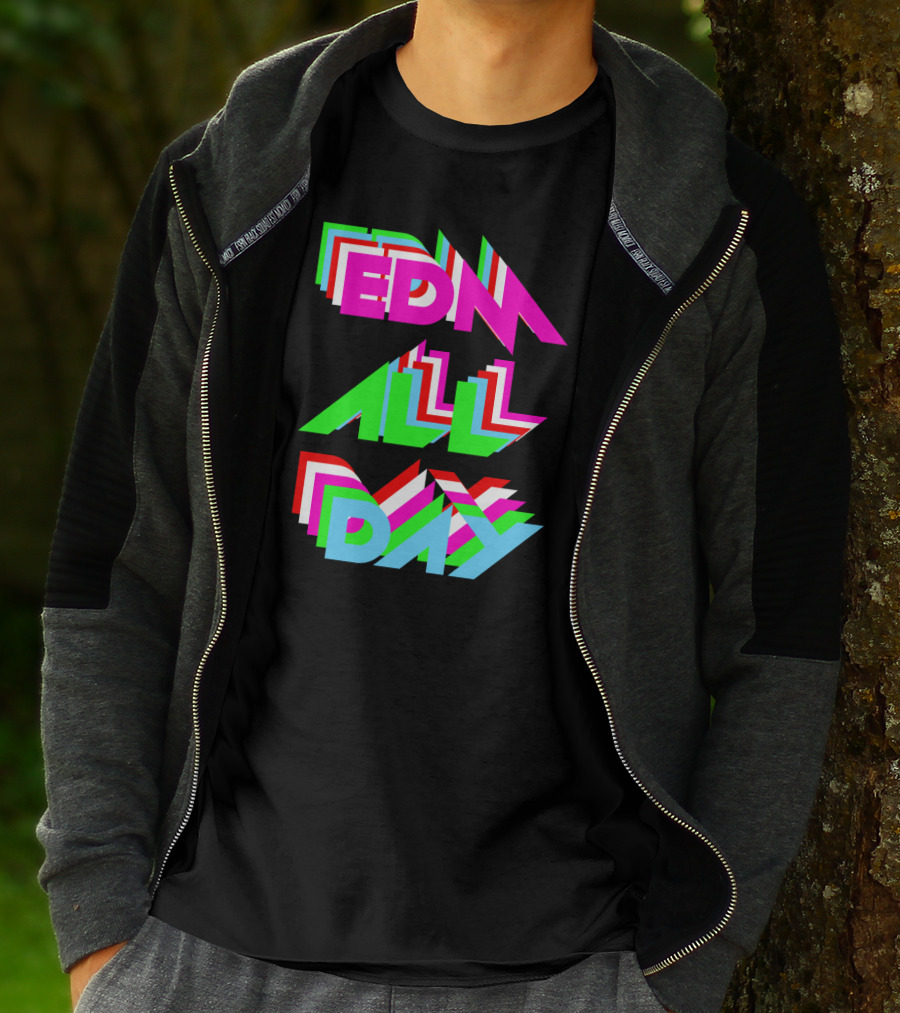 EDM All Day Cool Neon Anaglyph Style Rave Black Ink T-Shirt