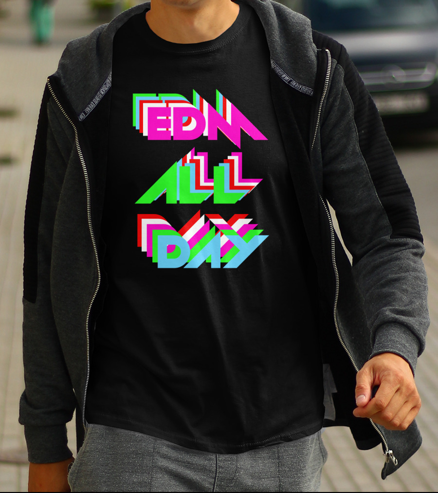 EDM All Day Cool Neon Anaglyph Style Rave Black Ink T-Shirt