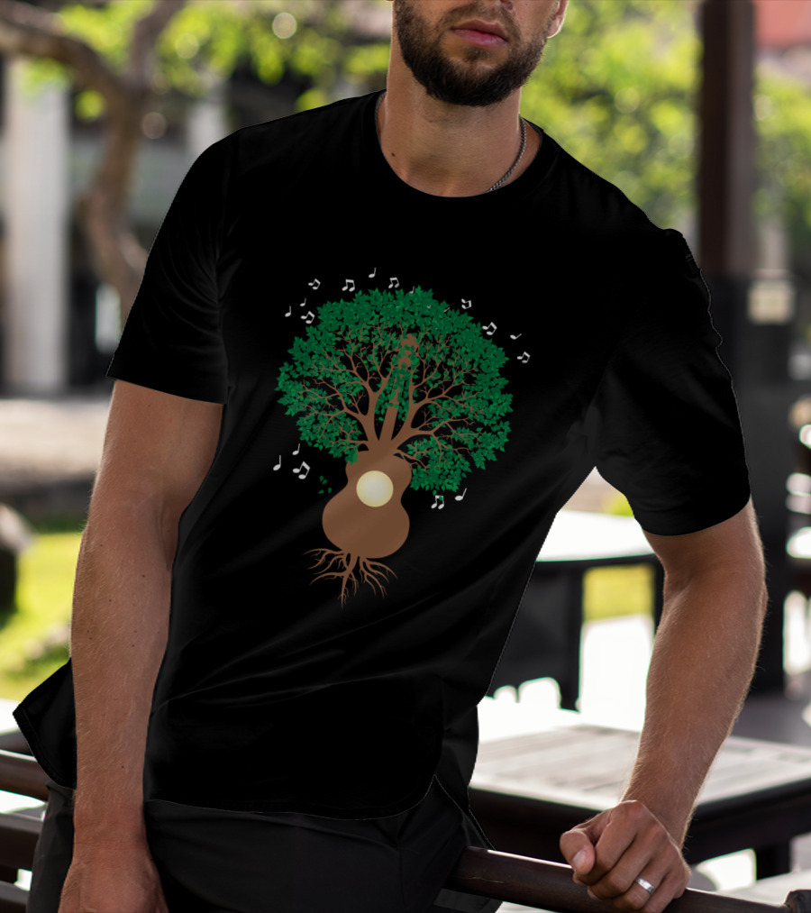 Cool Guitar Acoustic Adventure Tree With Musical Notes T-Shirt