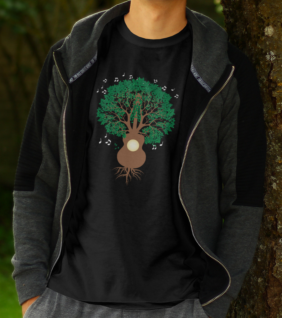 Cool Guitar Acoustic Adventure Tree With Musical Notes T-Shirt