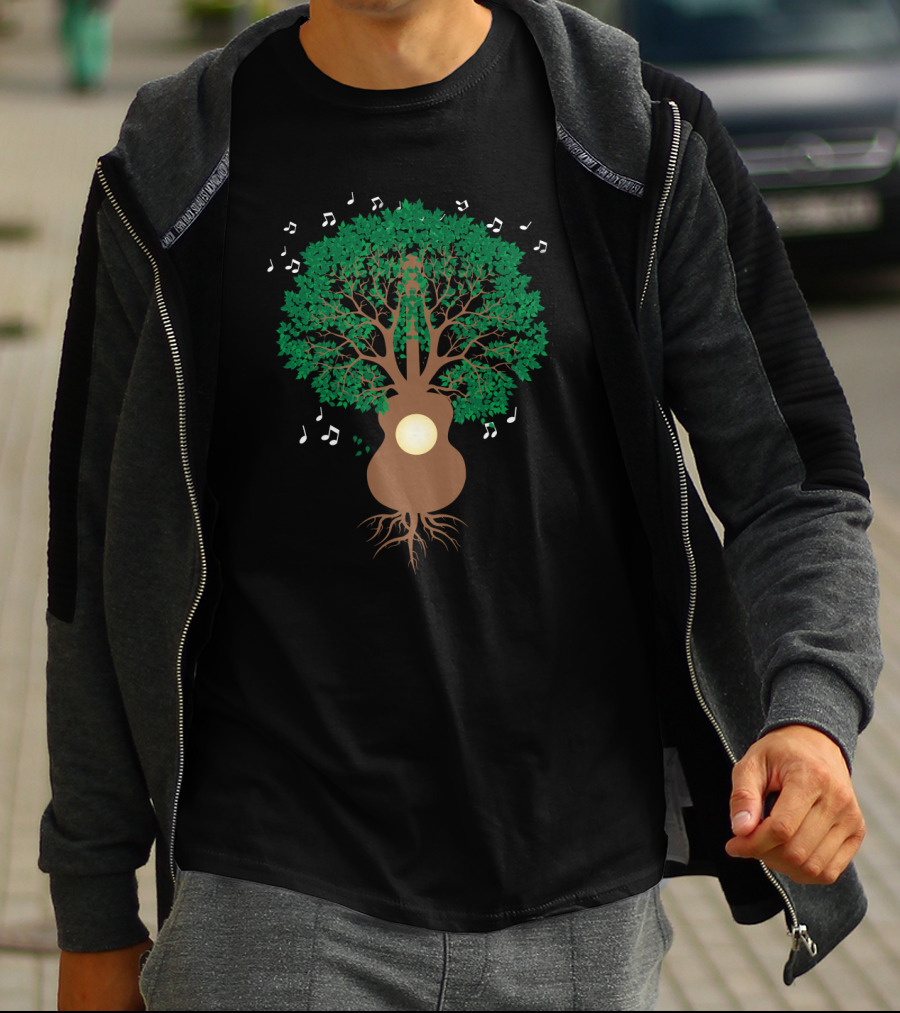 Cool Guitar Acoustic Adventure Tree With Musical Notes T-Shirt