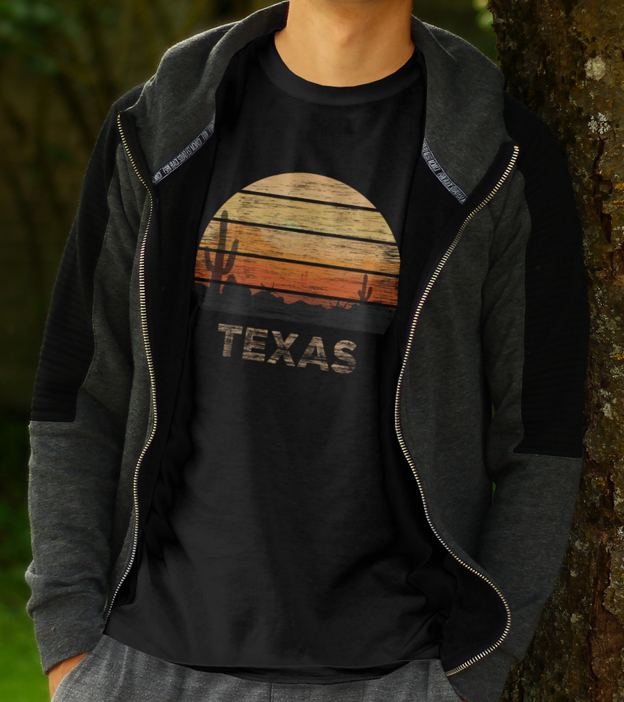 Texas 1980s Vintage Style Desert Sunset Cactus Scene T-Shirt