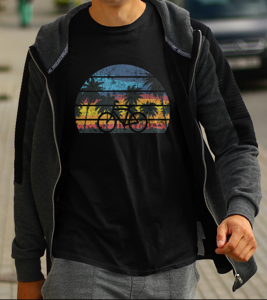 Bicycle Cycling Vintage Bike Rider Palm Trees Sunset Stripes T-Shirt