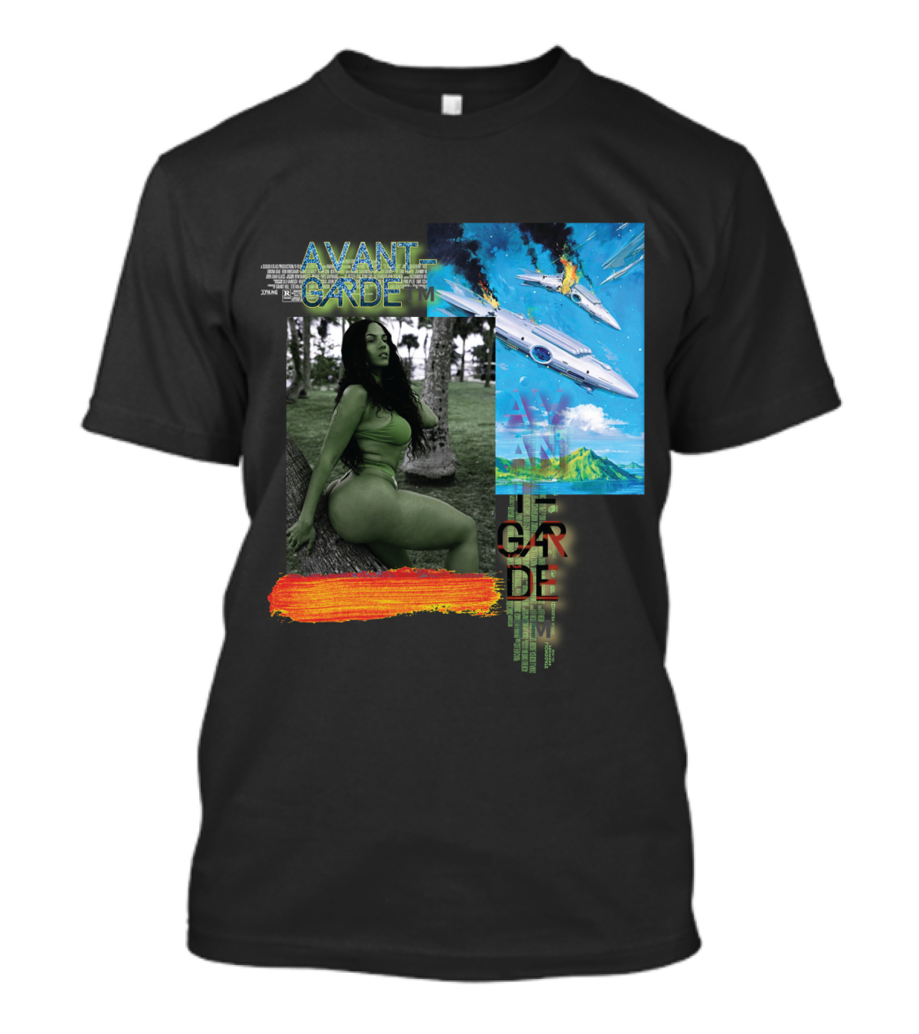 Avant Garde Plane Crash With Stylized Green Portrait And Fiery Sky T-Shirt