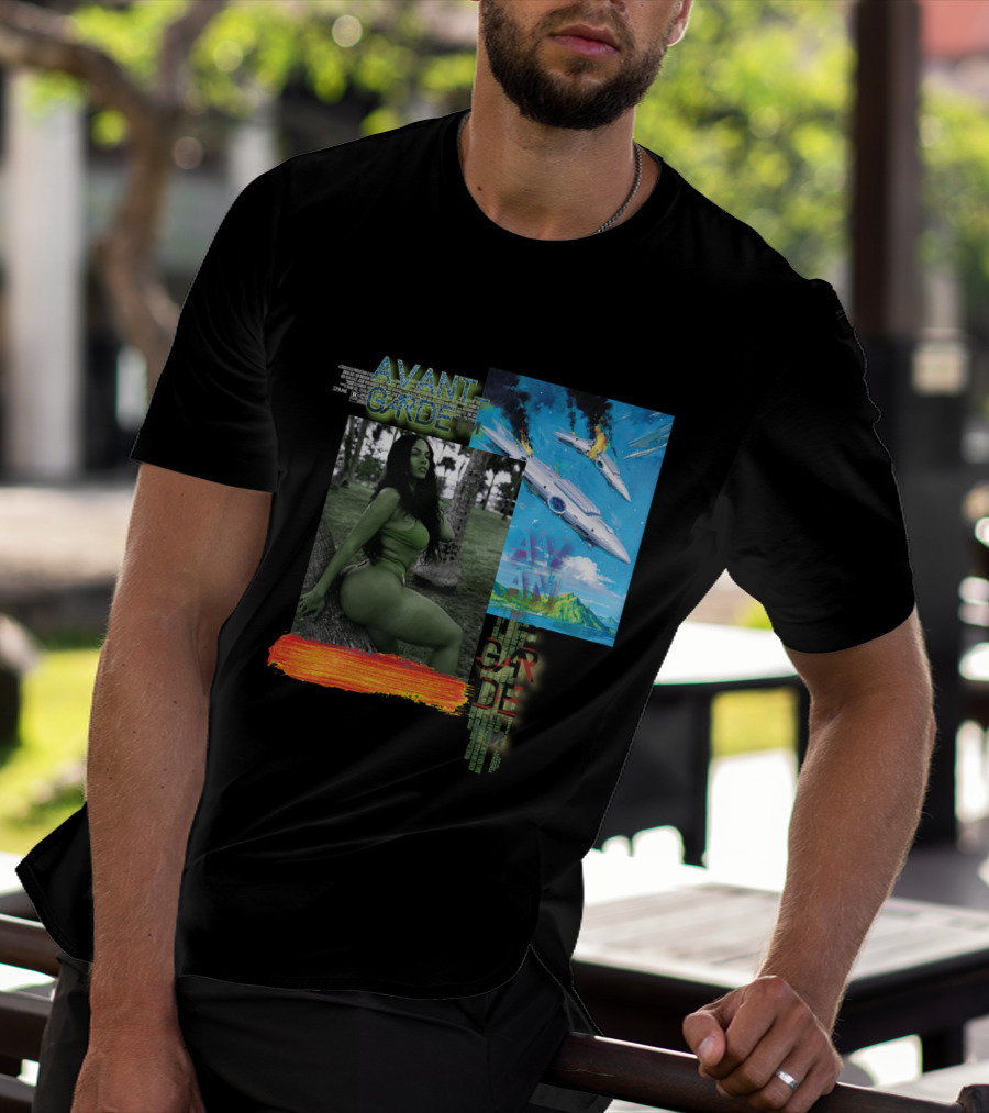Avant Garde Plane Crash With Stylized Green Portrait And Fiery Sky T-Shirt