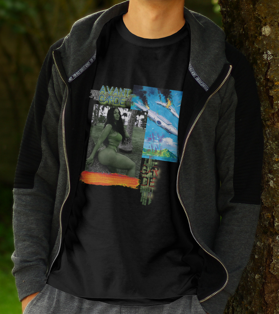 Avant Garde Plane Crash With Stylized Green Portrait And Fiery Sky T-Shirt