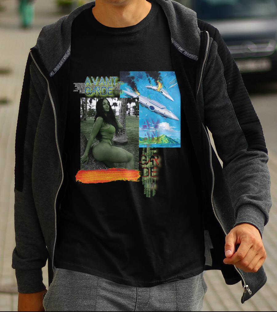 Avant Garde Plane Crash With Stylized Green Portrait And Fiery Sky T-Shirt