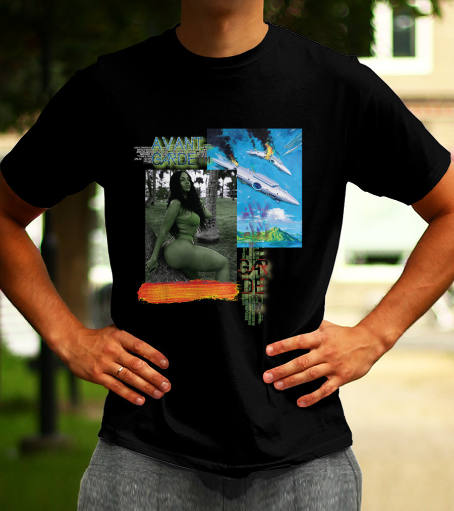 Avant Garde Plane Crash With Stylized Green Portrait And Fiery Sky T-Shirt