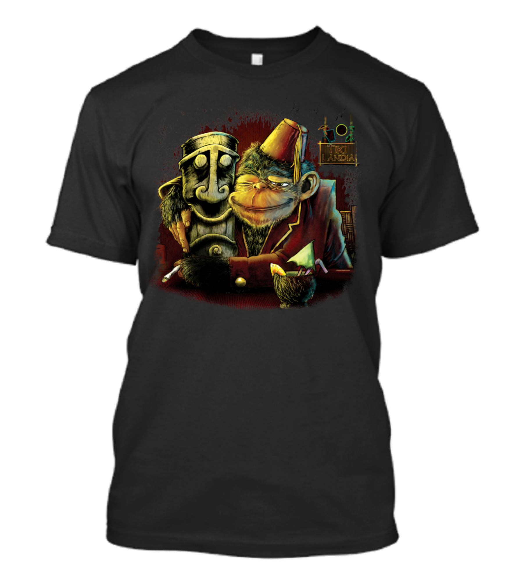 Last Call Tikilandia Monkey Hugging Tiki Statue With Fez And Cocktail T-Shirt