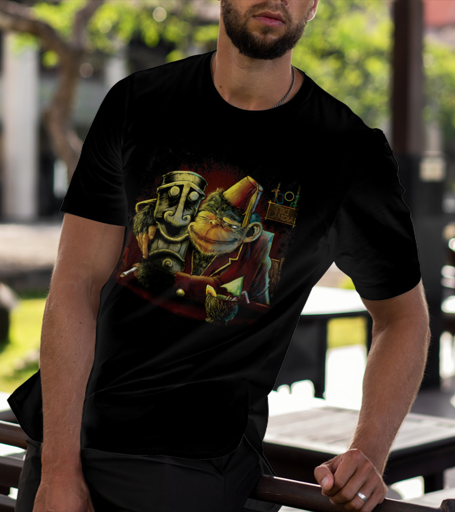 Last Call Tikilandia Monkey Hugging Tiki Statue With Fez And Cocktail T-Shirt