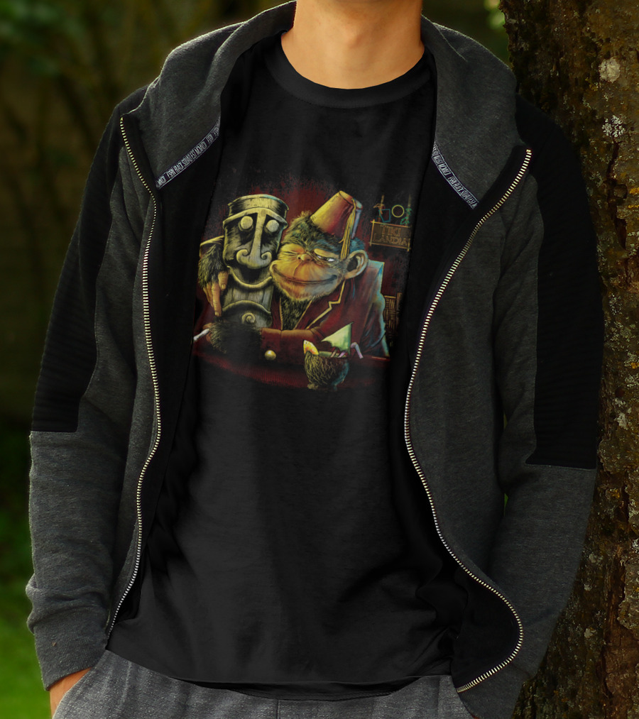 Last Call Tikilandia Monkey Hugging Tiki Statue With Fez And Cocktail T-Shirt
