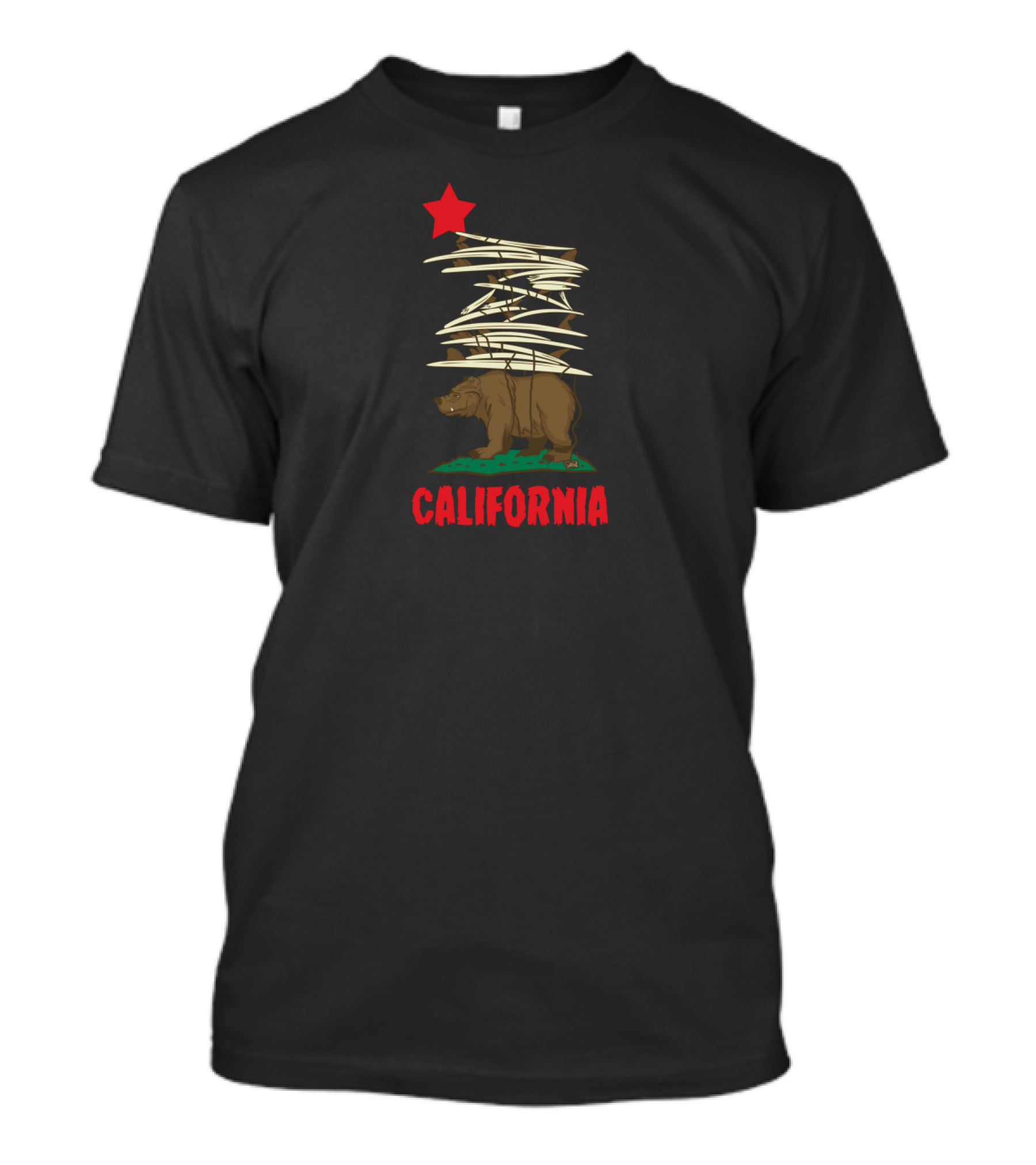 California Bear And Surfboard Stack With Red Star Motif T-Shirt