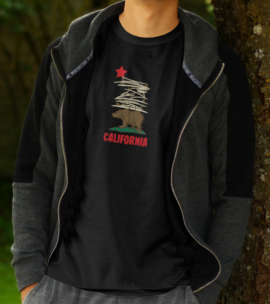 California Bear And Surfboard Stack With Red Star Motif T-Shirt