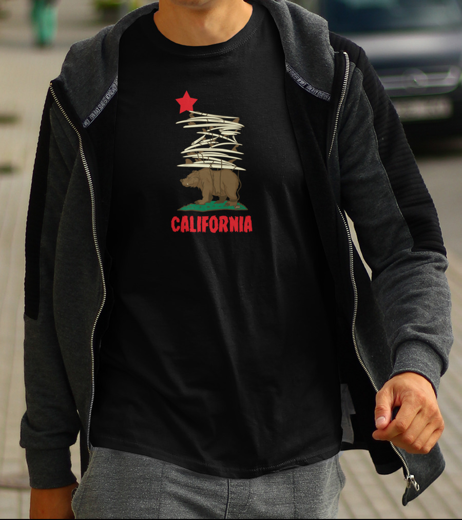 California Bear And Surfboard Stack With Red Star Motif T-Shirt