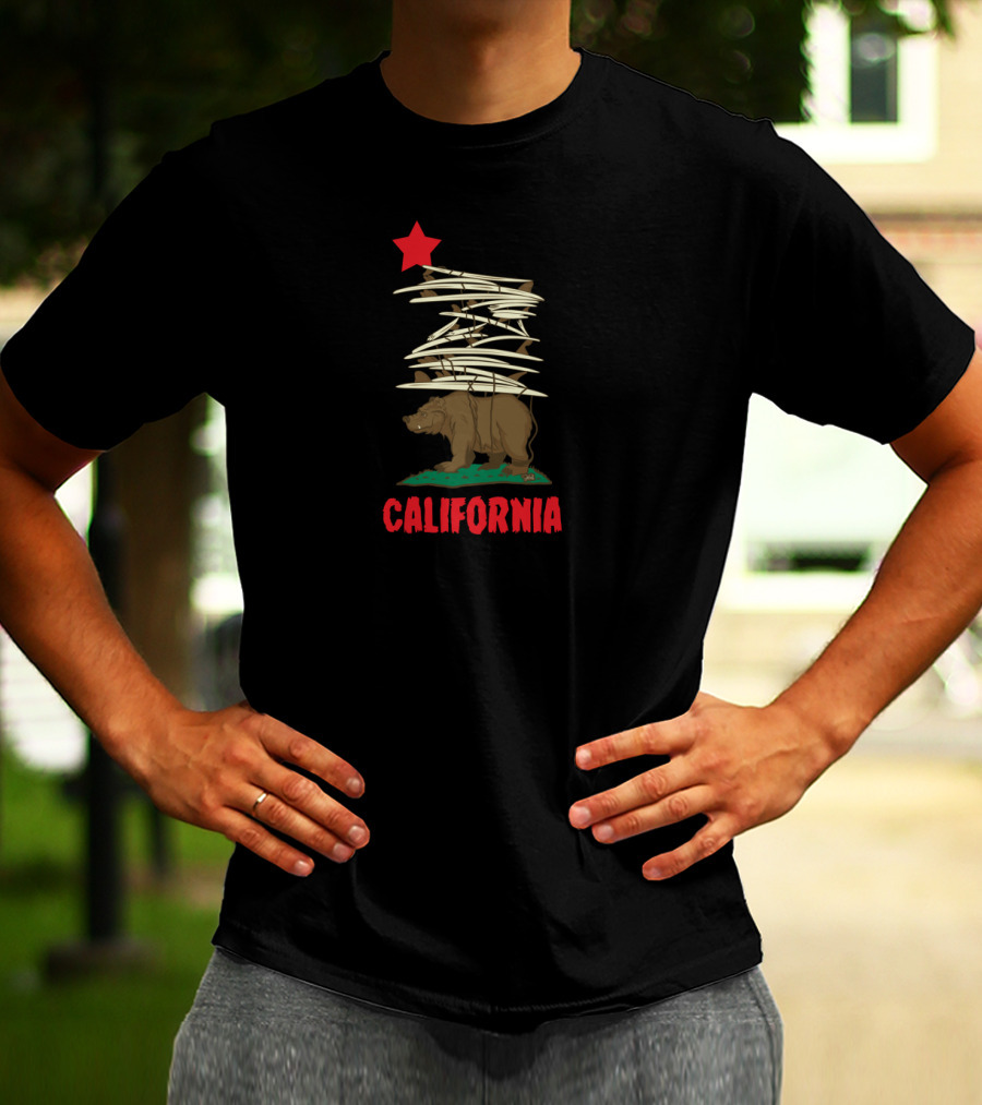 California Bear And Surfboard Stack With Red Star Motif T-Shirt