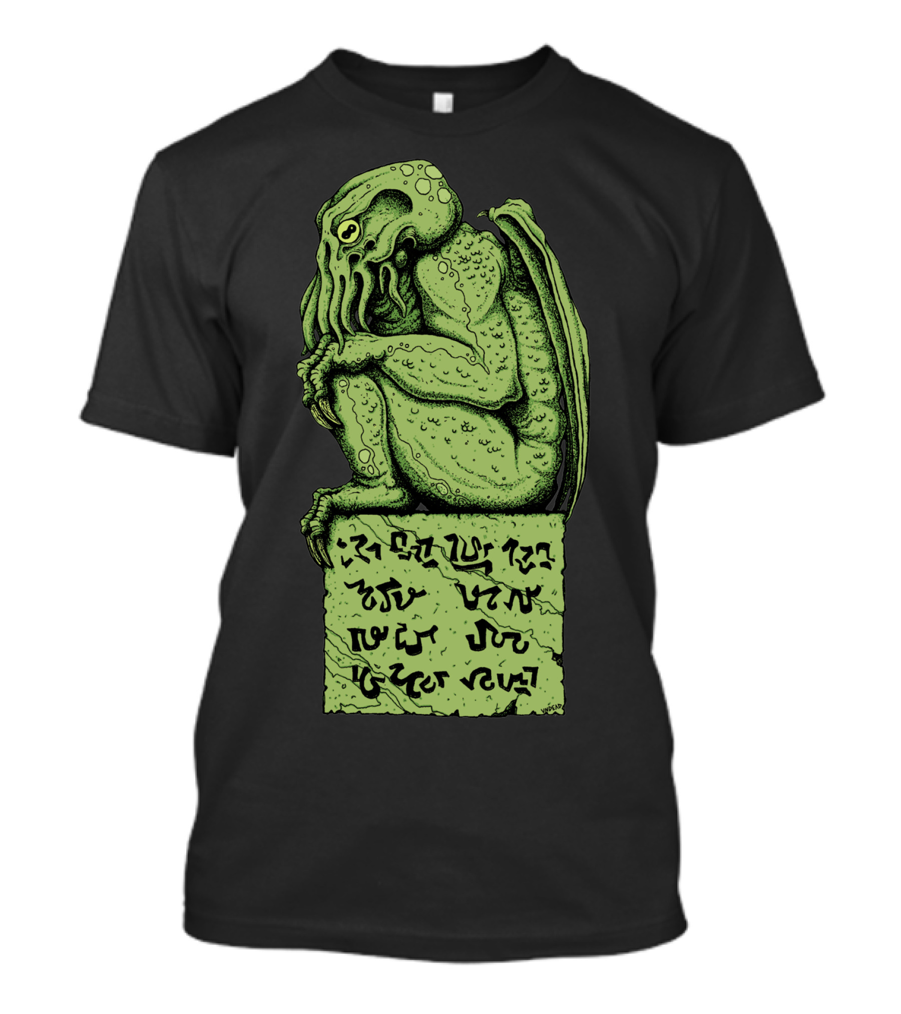 Cthulhu Horror In Clay Green Figurine With Ancient Text T-Shirt