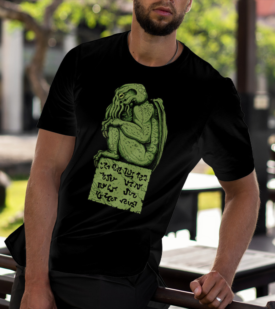 Cthulhu Horror In Clay Green Figurine With Ancient Text T-Shirt