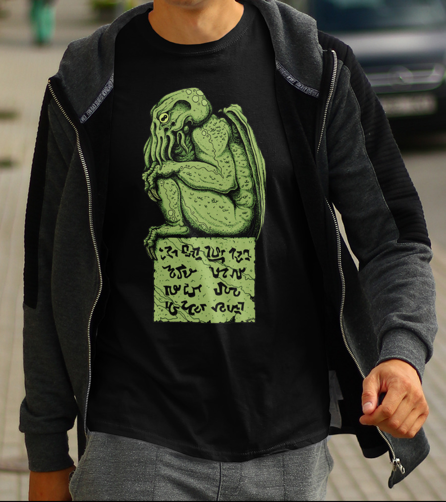 Cthulhu Horror In Clay Green Figurine With Ancient Text T-Shirt