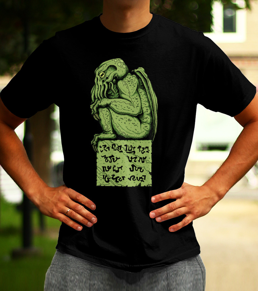 Cthulhu Horror In Clay Green Figurine With Ancient Text T-Shirt